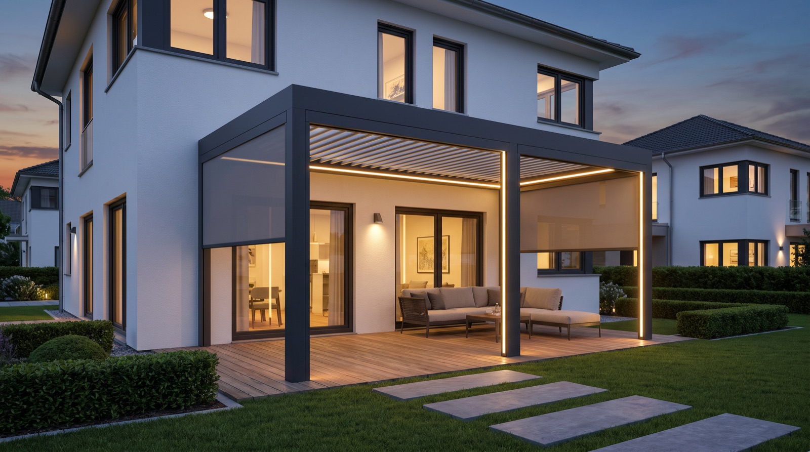 Anthrazit-Pergola an der Hauswand mit LED und Zip-Screens