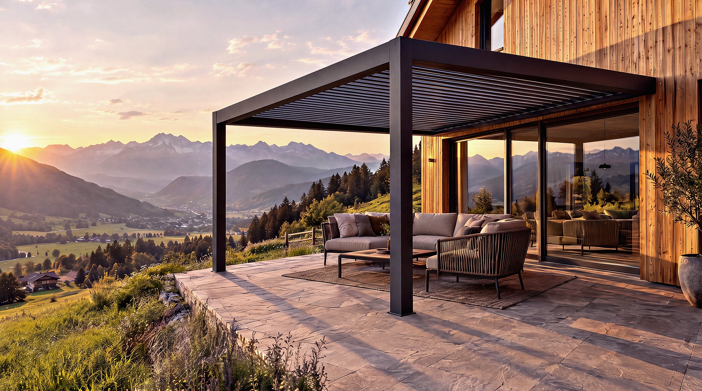 Anthrazitfarbene Lamellenpergola, bündig an der Holzfassade montiert, mit Blick auf die Salzburger Berge